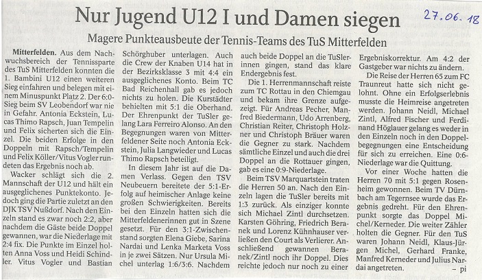 2018-06-27 Tennis - Nur Jugend U12 und Damen siegen